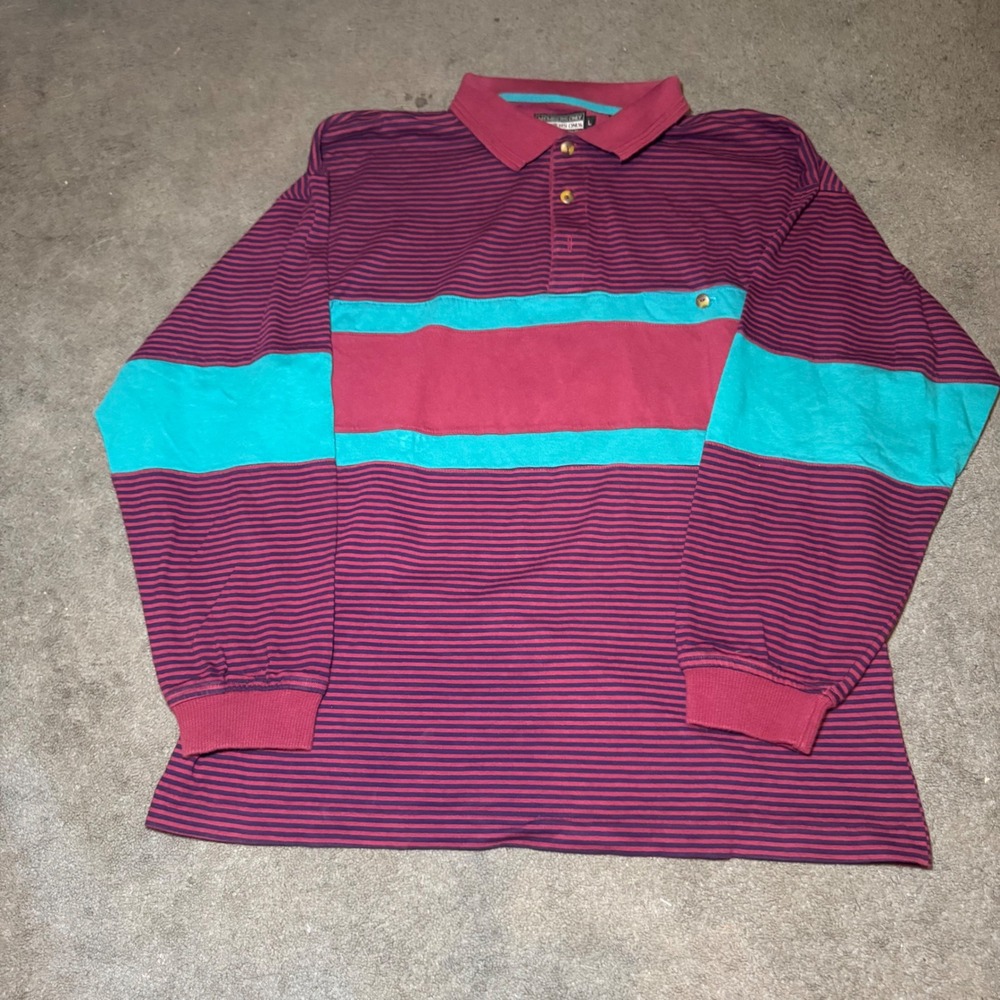 Vintage Members Only Mens Striped Long Sleeve Polo Shirt Colorblock Burgundy L